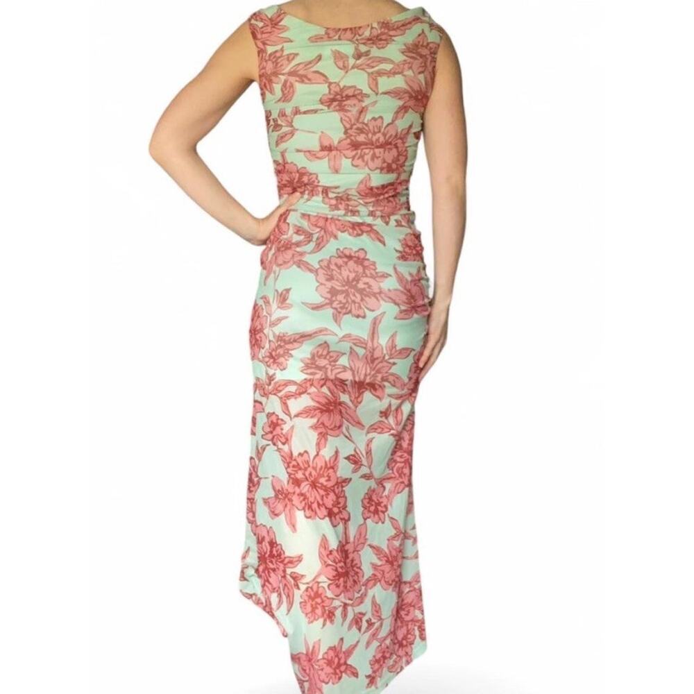 Mint Green and Pink Form-fitting Floral Maxi Dress with Leg Slit size M - Picture 3 of 6